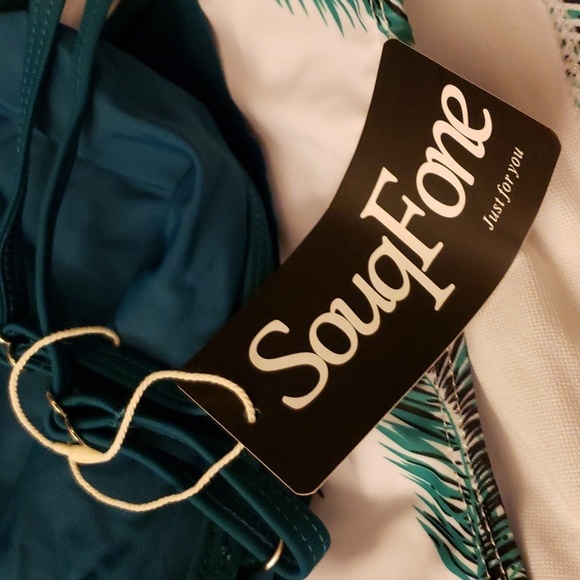 SouqFone Ruffled Flounce Top High Waisted Bikini Set in Blue Green Leaf Size L - Picture 6 of 16
